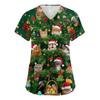 Women's V-neck Christmas printed short-sleeved pocket side-slit protective suit top