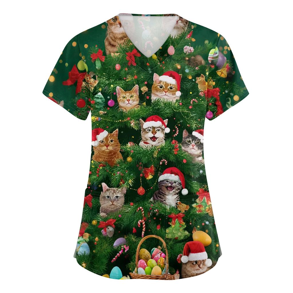 Women's V-neck Christmas printed short-sleeved pocket side-slit protective suit top
