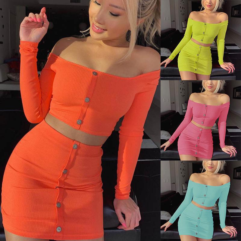 Buy Women Sexy Off Shoulder Solid Bodycon Two Piece Set Long Sleeve Top ...