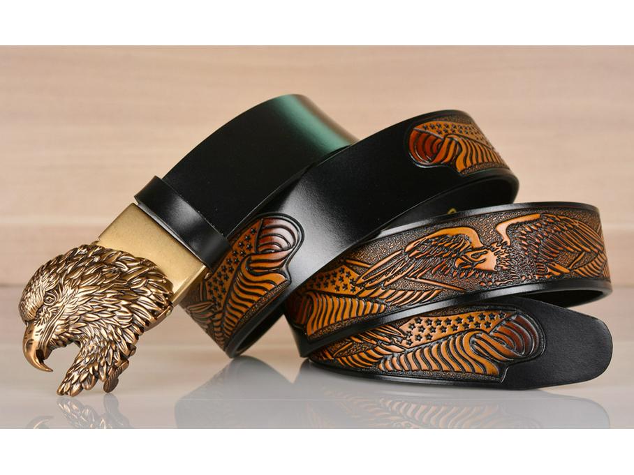Eagle Embossed Cowhide Leather Belt with Automatic Buckle