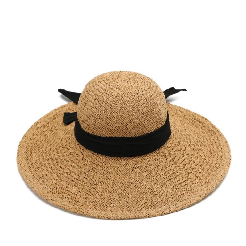 Summer straw hat women's fashion straps bow hand-woven hat seaside vacation sunscreen sunshade beach hat