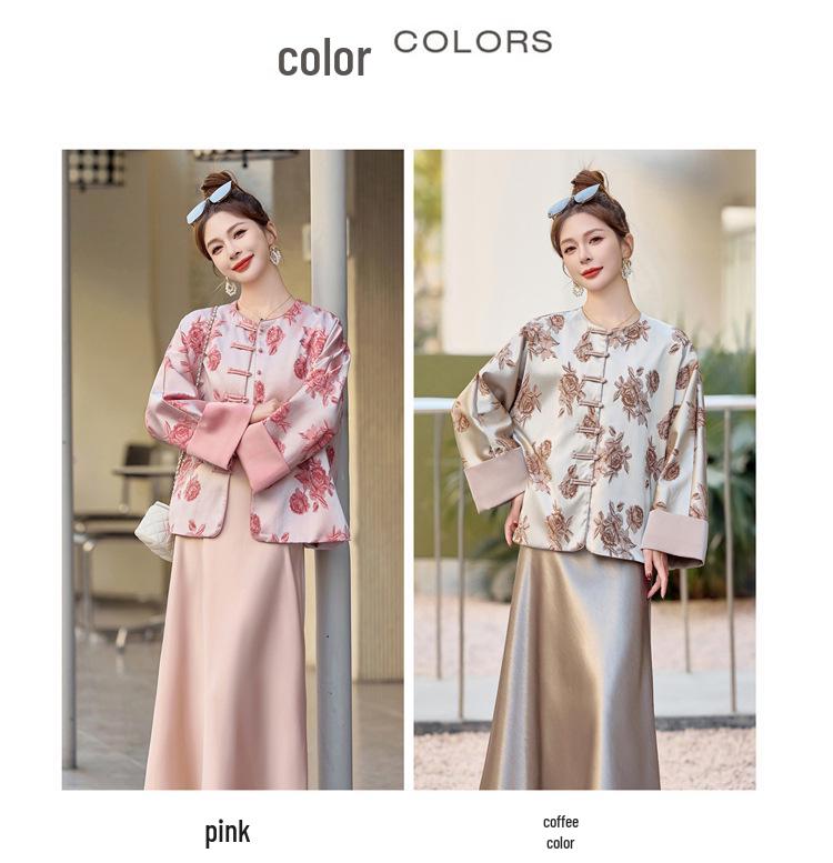 Women's 2025 Spring Floral Frog Button Jacket - Round Neck, Loose Fit, Chinese National Style