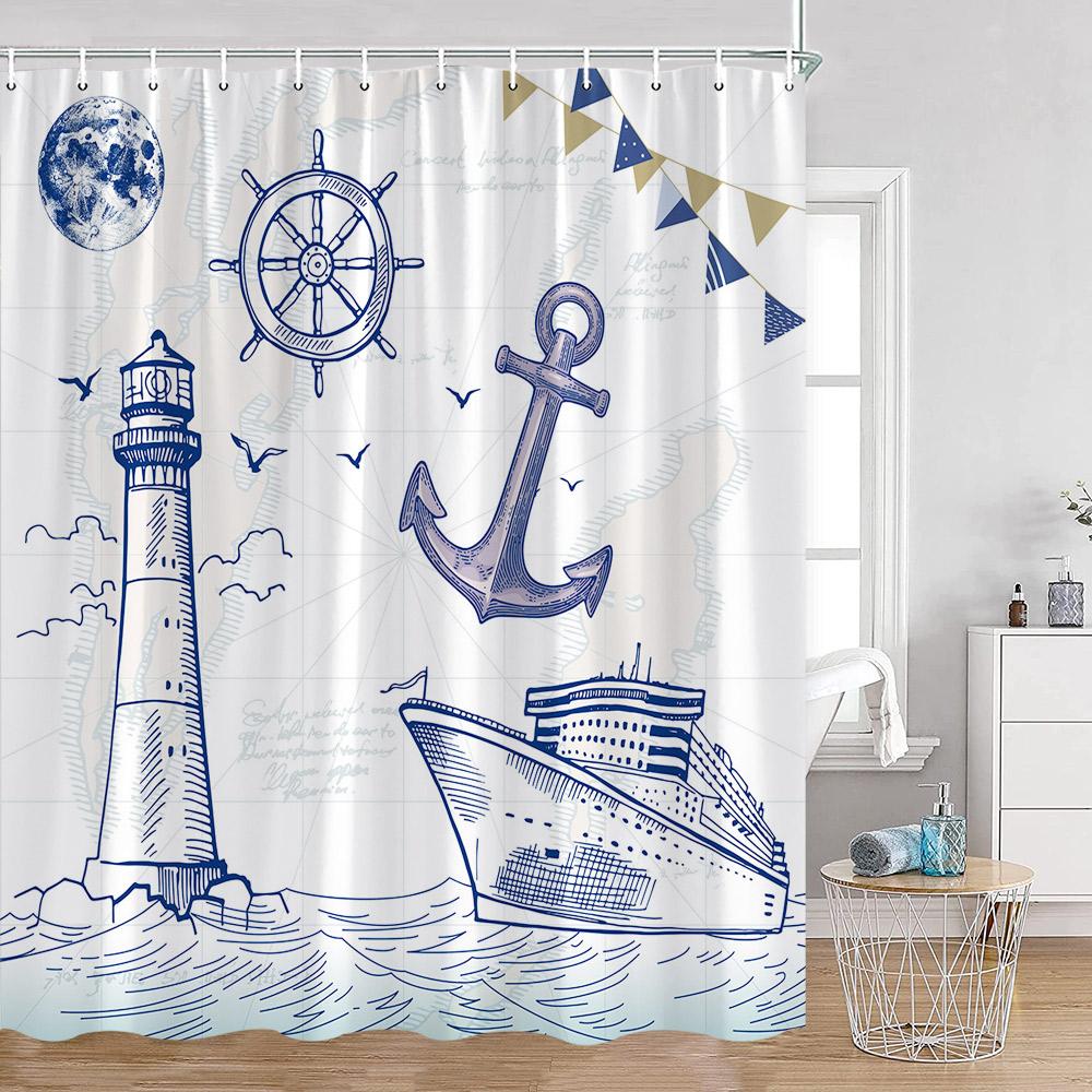 Nautical Cartoon Shower Curtain Lighthouse Sailboat Compass Adventure Treasure Map Bathroom Decor Kids Polyester Bath Curtain
