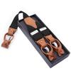Men 2-in-1 Y-Back Suspenders Elastic 6 Clips Button End Genuine Leather Braces