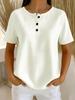 Plus Size Women's Solid Round Neck Short Sleeve Casual Top with Button Detail