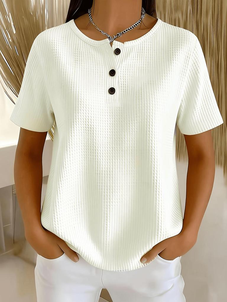 Plus Size Women's Solid Round Neck Short Sleeve Casual Top with Button Detail