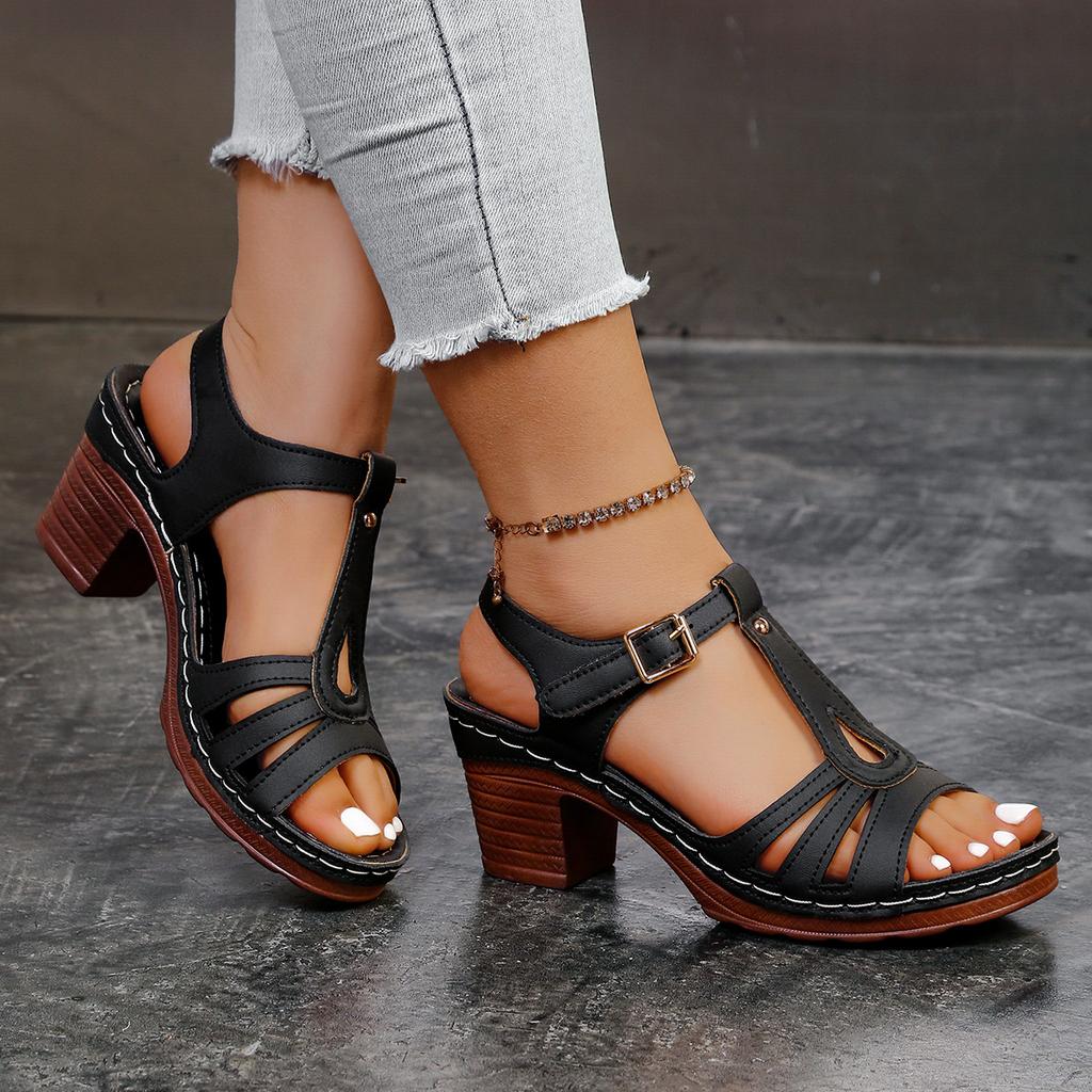 Fashion High Heel Sandal for Women Low-Heeled Shoes With Strap Buckle Large Size Suit Female Beige Open Toe 2025 Summer High-heeled Low-