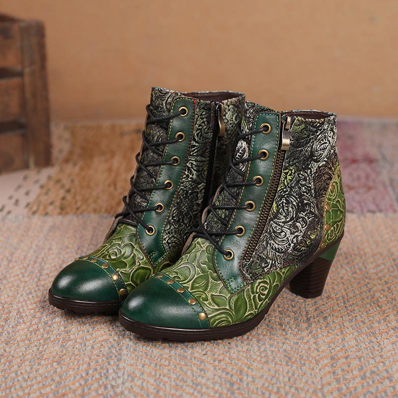 Johnature Vintage Floral Genuine Leather Patchwork Rivet Handmade High-heeled Women's Short Boots