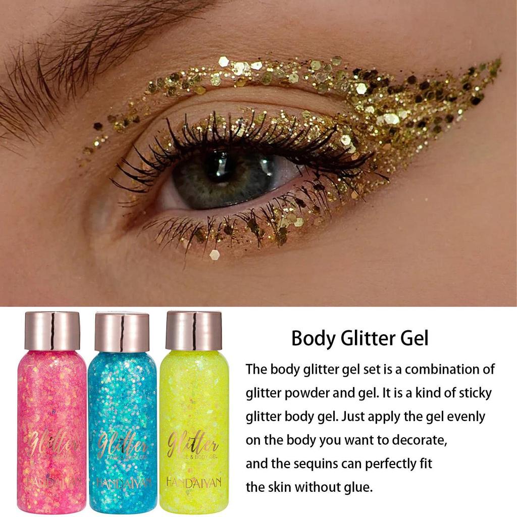 Body Glitter Gel Waterproof Glitter Gel Makeup Set Body Glitter Gel Sequin Glitter Eyeshadow Glitter Body Gel for and Parties Set, Kit, 3-Color Gel,