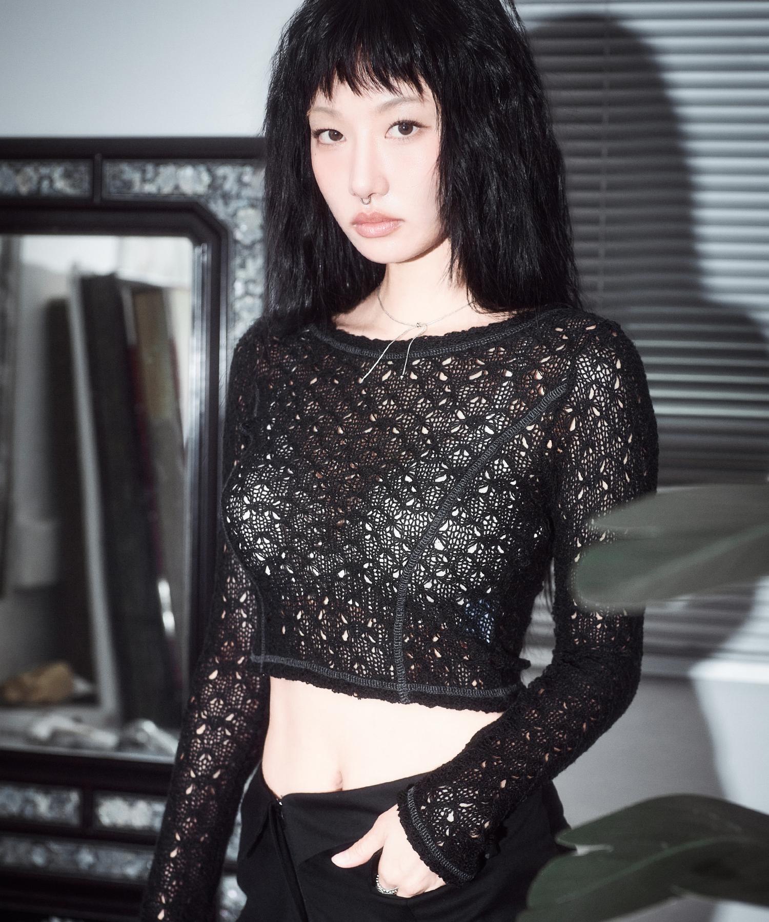Dear Me Slim Stitch Crop Knit [Black] S
