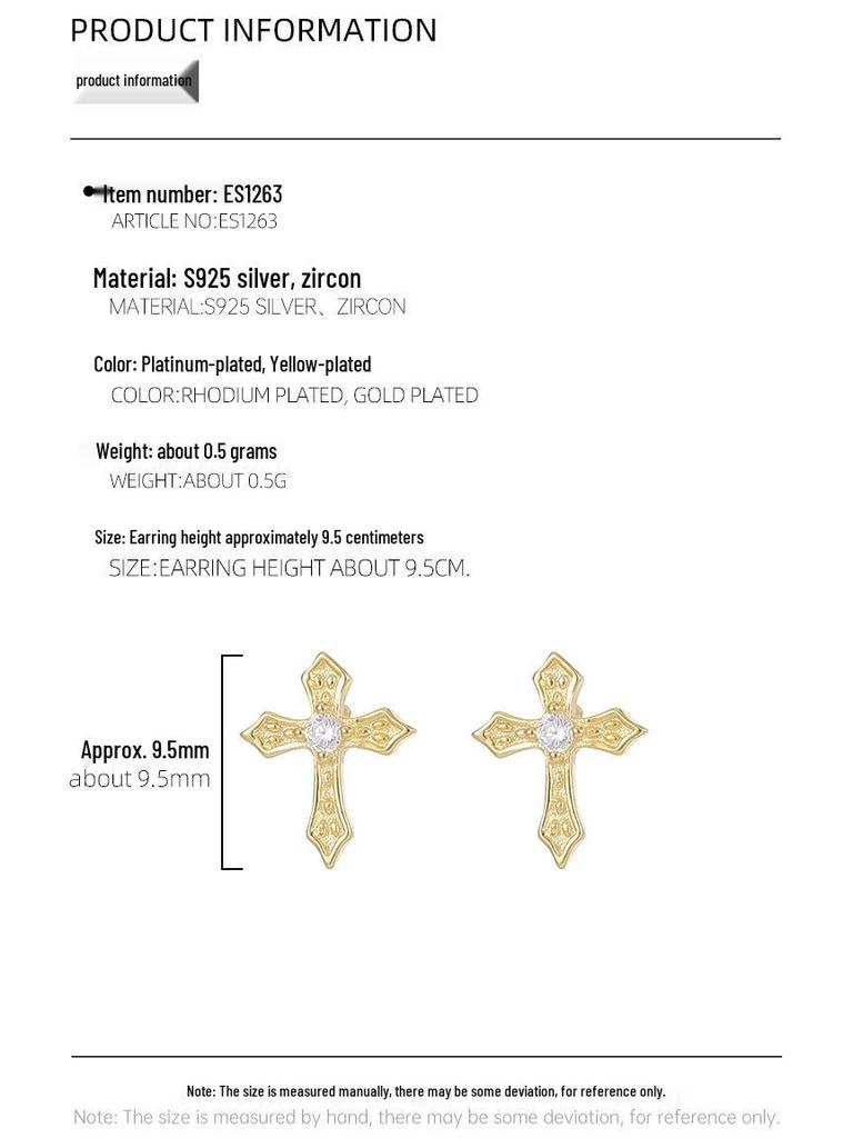 S925 Korean Silver Zircon Cross Earrings - Single Diamond, Personal and Simple Design