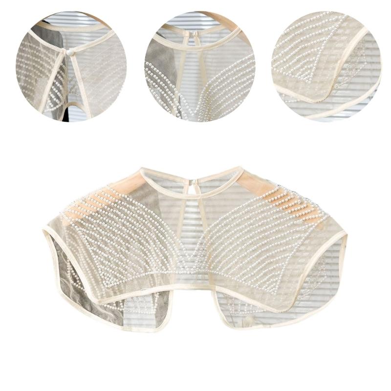 Japanese Women Girl Fake Collar Shawl Scarf Faux Pearls Beading Vintage Shoulder Wrap Sheer Organza Half Shirt Poncho