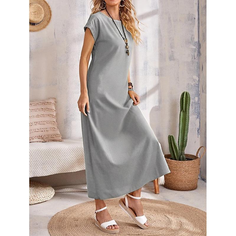 Summer Round Neck Short Sleeve Fashion Women Dress Loose Casual Solid Color Basic A-line Party Long Dresses Female Elegant Office Clothing