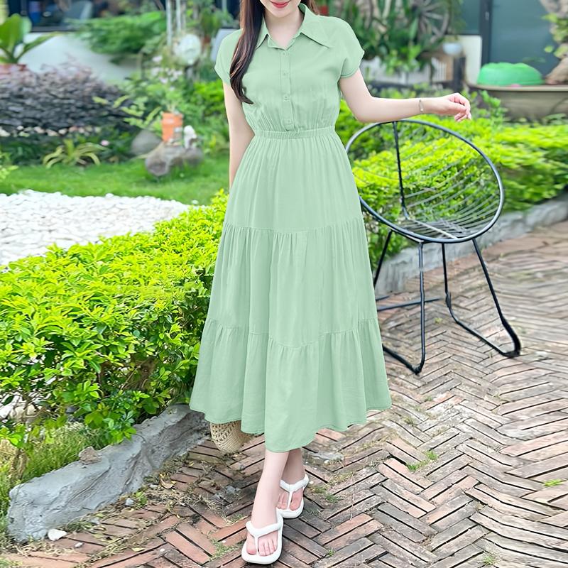 

ZANZEA Women Casual Turn Down Collar Loose Waist Cinching Short Sleeve Dress 3XL зелёный