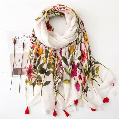 Blumenmuster Luxus Damen Viskose Schal Vier Jahreszeiten Designer Schal Baumwolle Leinen Gefühl Quaste Pashmina Muslimischer Hijab Wickel