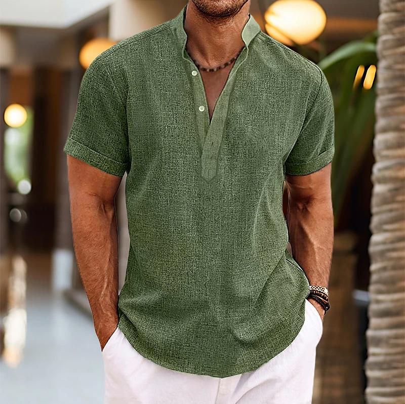 Camicia da Uomo Estiva 2026 Taglie Forti Collo Henley Manica Corta Tinta Unita
