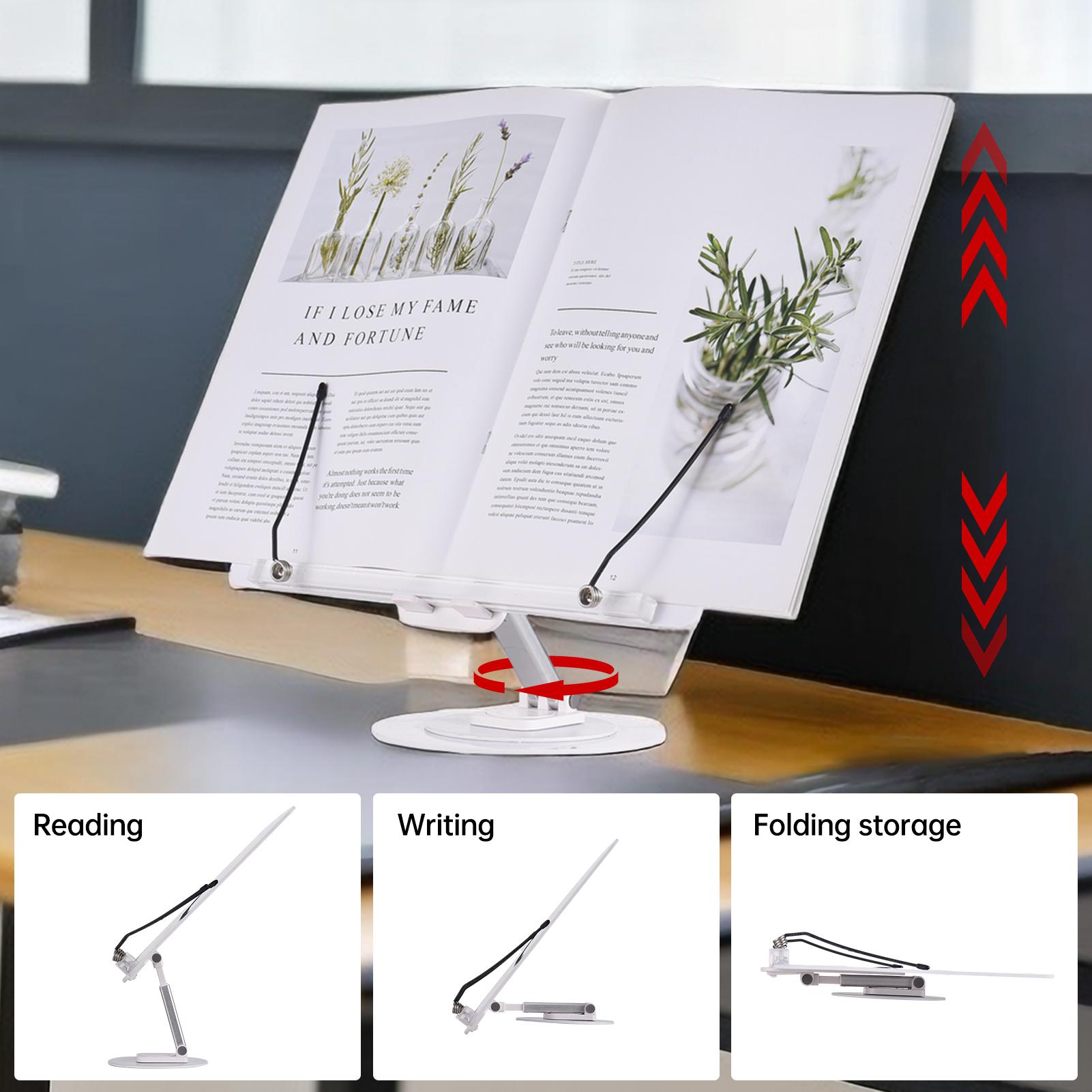 

Настольная подставка для книг для чтения с вращающимся на 360 градусов основанием и зажимами для страниц, складная и с регулируемым углом наклона для готовки