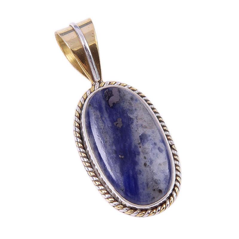 Natural Sodalite Gemstone 925 Solid Sterling Silver Two Tone Pendant 1.50" M1I41