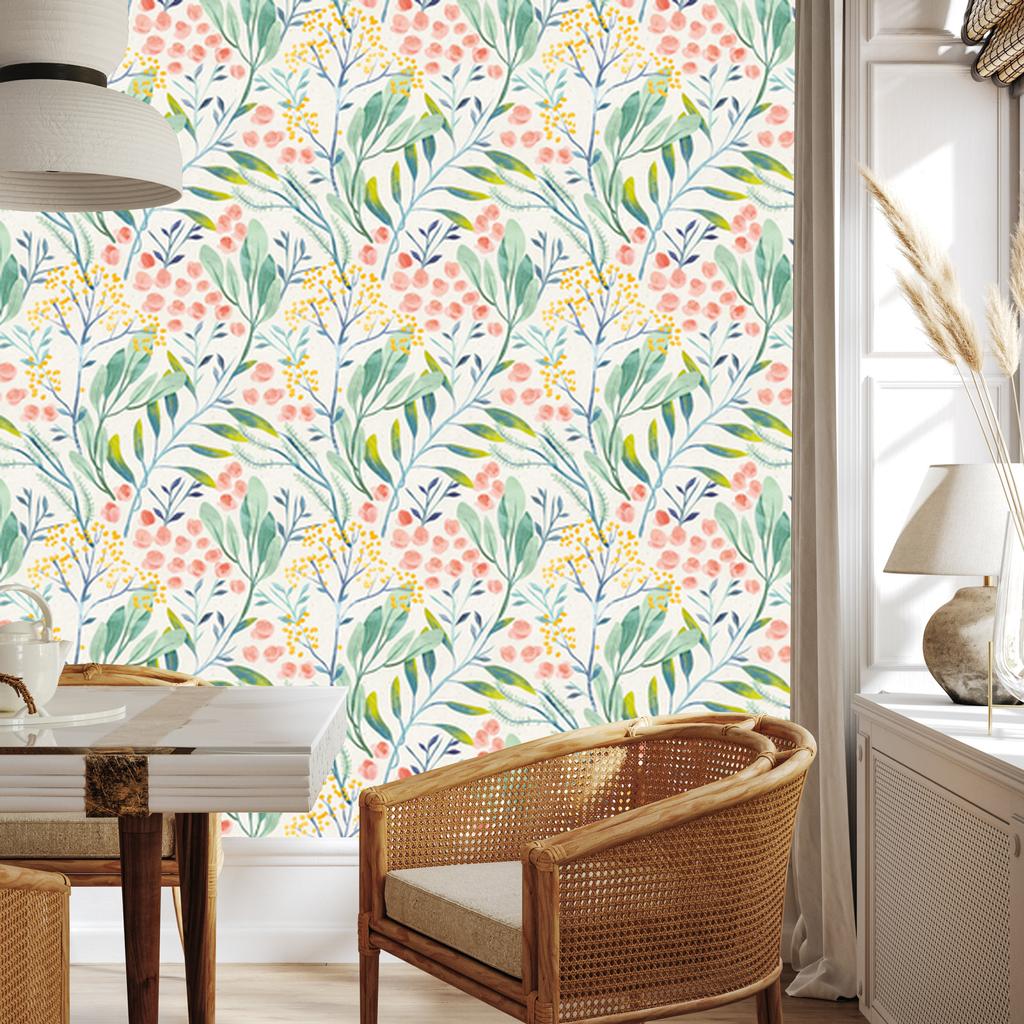 Pastel Plants Wallpaper in Retro Style for Living Room and Bedroom 50x1000