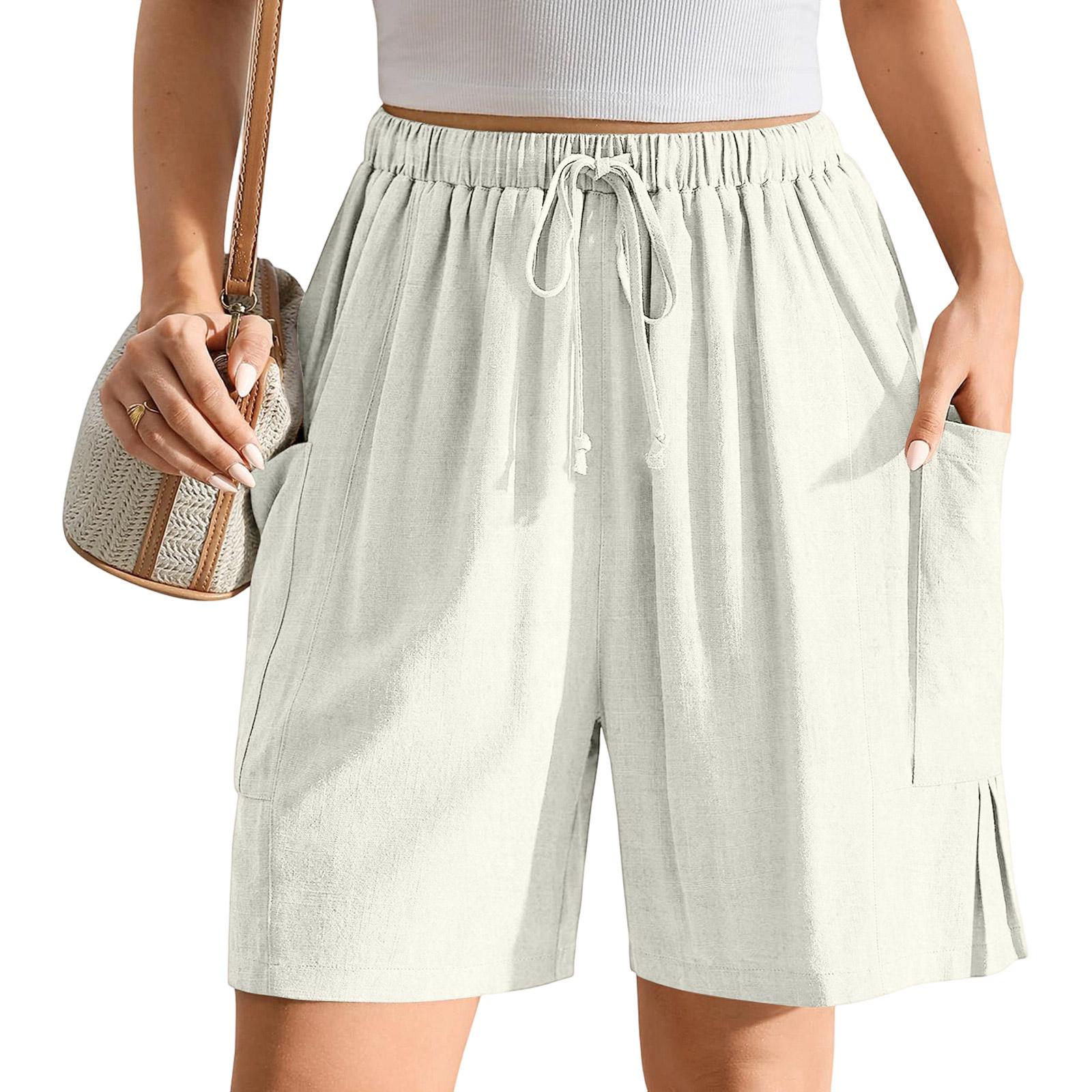 Women s Loose Casual Linen Shorts Folded Pocket Drawstring Shorts L белый
