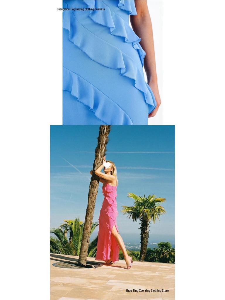 European-American Backless Spaghetti Strap Wave Slim-Fit Slit Maxi Dress