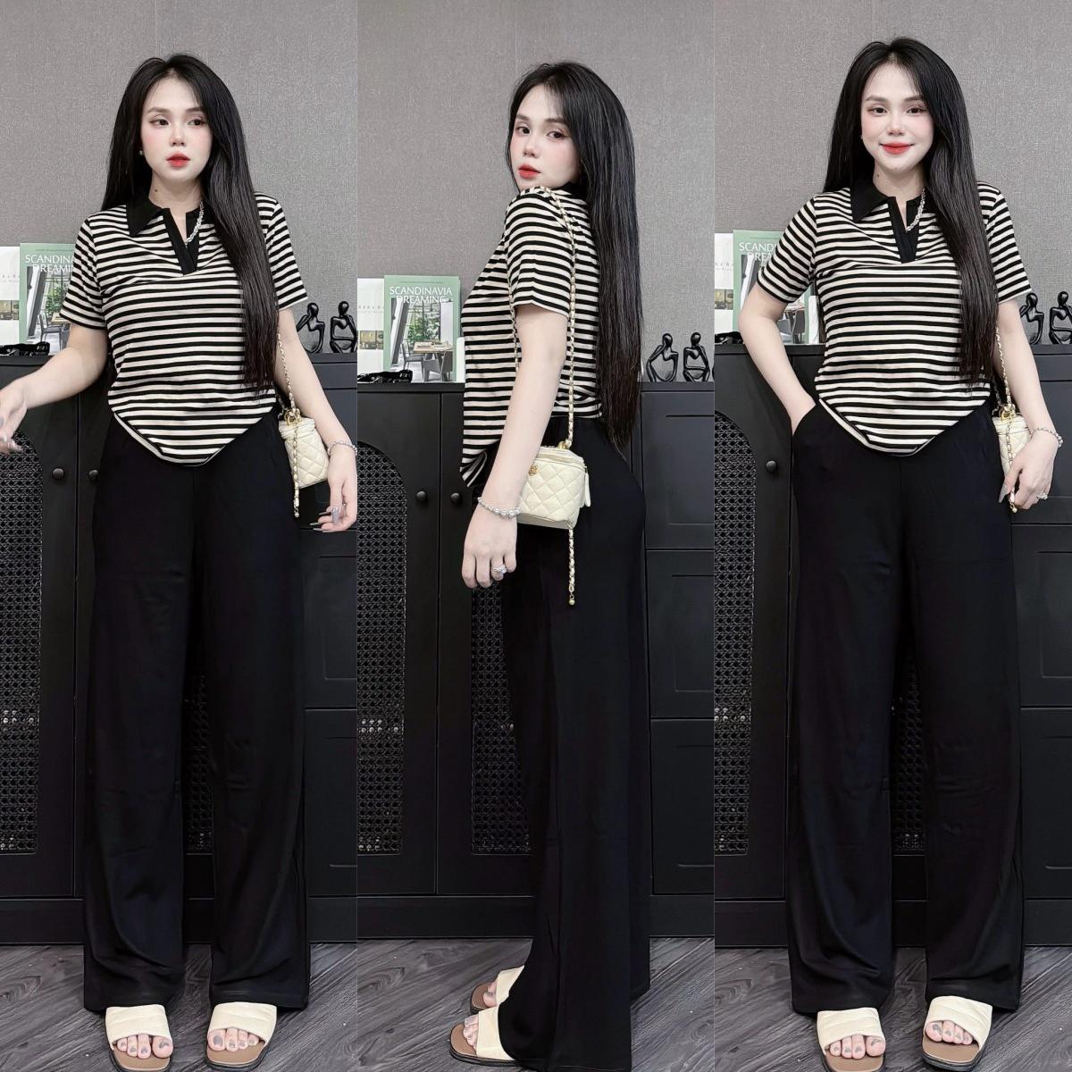 

Women s Summer Striped POLO Shirt & Wide Leg Pants Casual Two-Piece Set, Plus Size One Size with Pockets