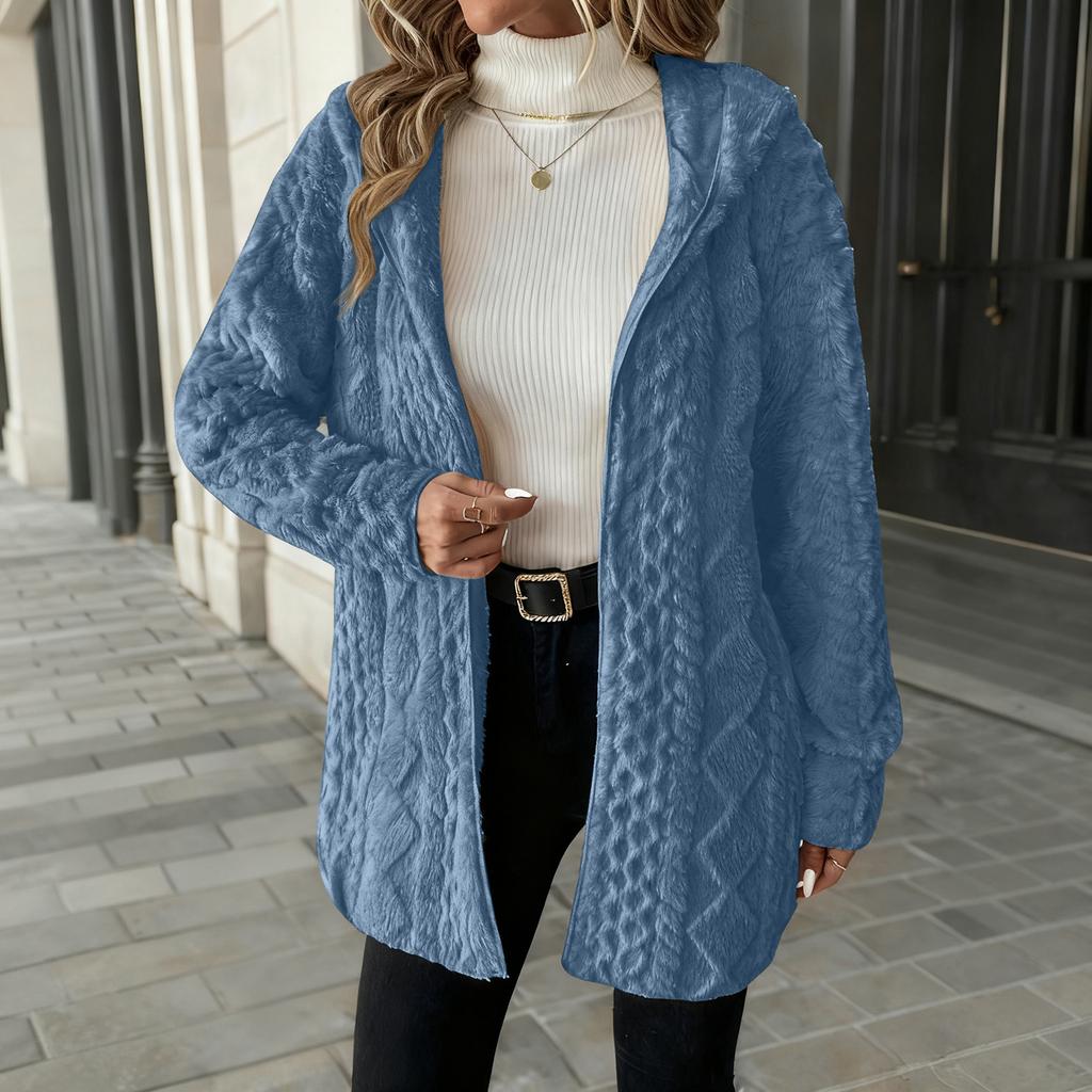 Damen Modischer Einfarbiger Langärmliger Lockerer Kapuzen-Cardigan Plüschjacke