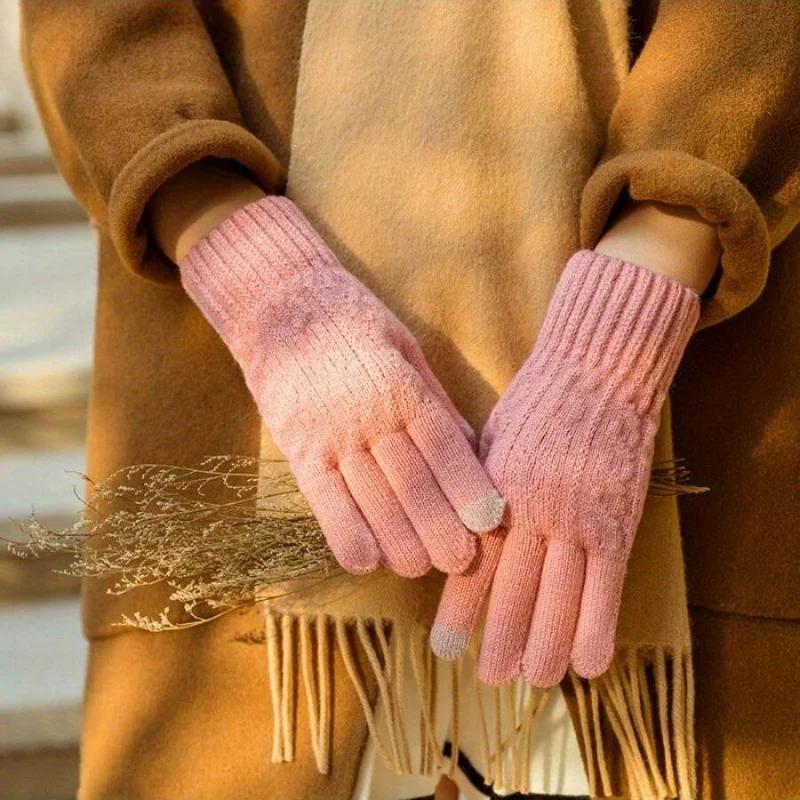 Warm Knitted Women Gloves for Autumn Winter Touch Screen Multi Color Double Layer Thick Plush Five Finger Riding Cold Resistant