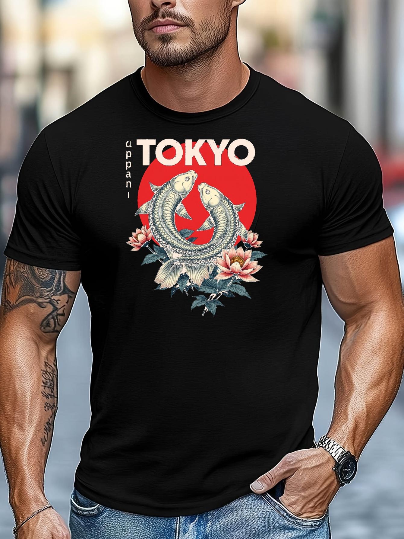 Tokyo Graphic T-shirt - Casual Summer Short Sleeve Tee with Vibrant Fish & Cherry Blossom Design M