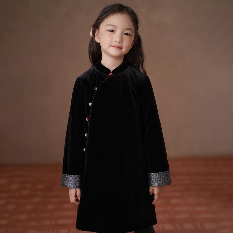 Hacikis Girls  Winter Black Velvet New Chinese Style Long Dress 110