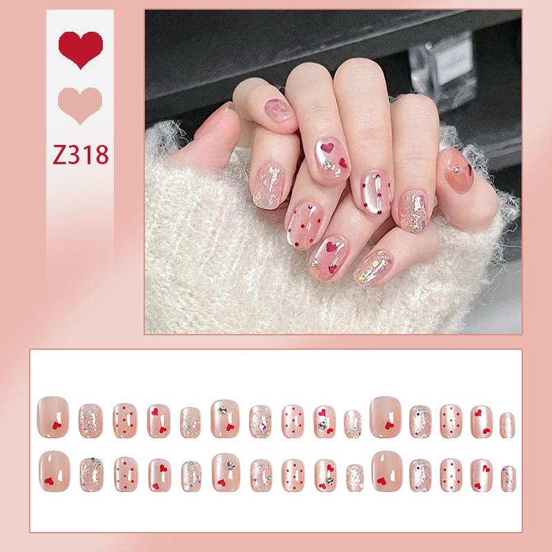 

Сладкое Сердце Блестящие Короткие Наклейки для Ногтей Кошачий Глаз - Носимые Студенческие Накладные Ногти, Готовые Накладные Ногти Glue Type