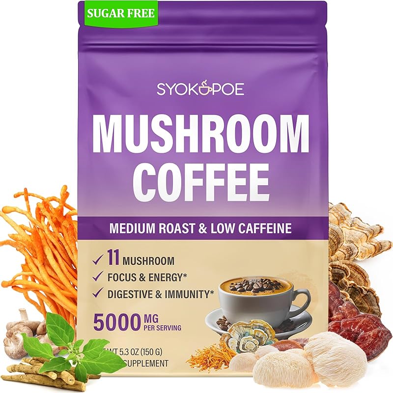 Mushroom Coffee Organic, 11 Mushrooms + 8 Adaptogenic Herb Mushroom Coffee for Focus, Energy, Digestion & Immune Support| Cordyceps, Lion’s Mane, 5.3 Ounce (Pack of 1)