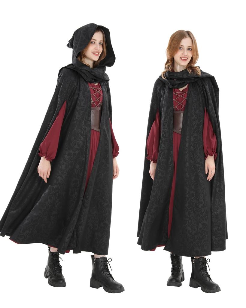 [God-Quality Product] Mysterious and Majestic Gothic-Style Hooded Long Cape with Dark Fabric for Halloween Cosplay (Black, Small)