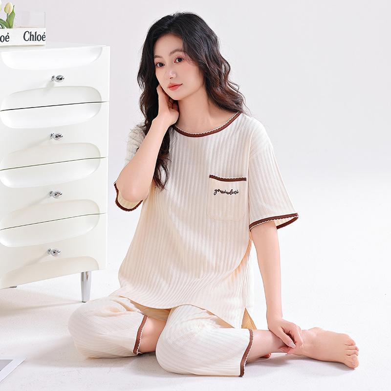 Pajamas women's summer pure cotton short-sleeved printed cropped pants thin cotton women's loungewear summer loose large size set