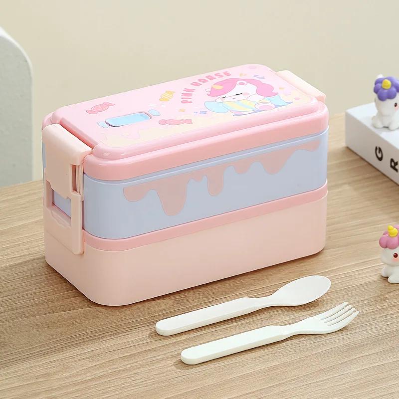 Children's Lunch Box, Cute Cartoon Compartmented Lunch Box, Double-layer Lunch Box, Microwaveable, Portable Student Box