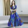 Summer New Long Dress Summer Printing Middle-aged and Elderly Young Women Medium and Long Skirt Short Sleeve Large Size Ice Silk Skirt