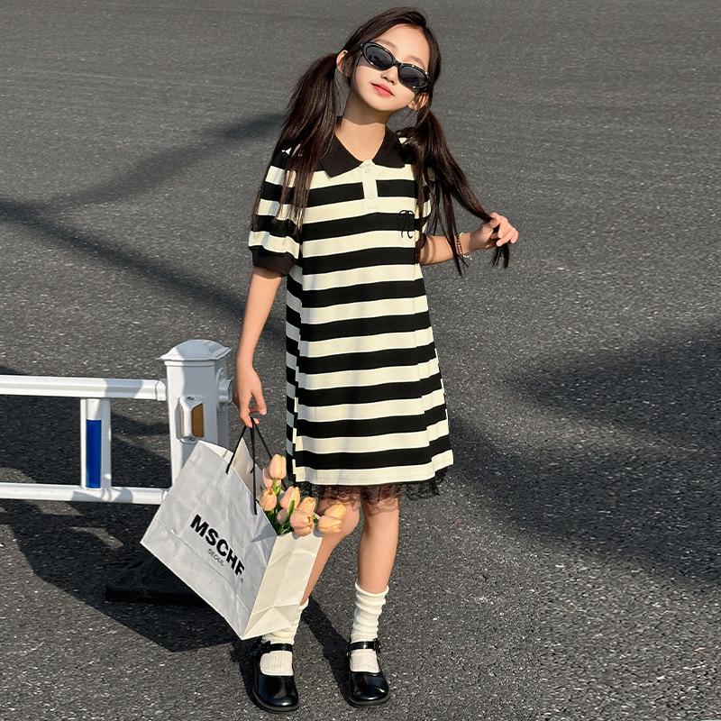 

Платье для девочек в полоску с коротким рукавом и воротником поло - Лето 2025, стиль принцессы 150 cm чёрный