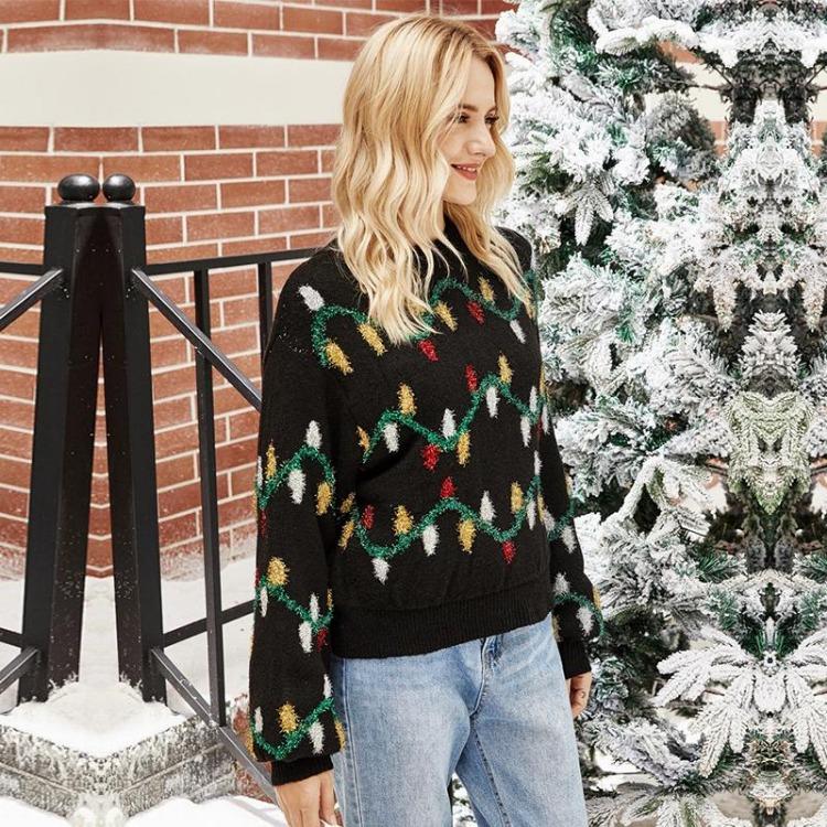 Warm Ugly Christmas Knitted Sweater Women Winter Pullover O Neck Black Lights Pattern Sizes S M L XL