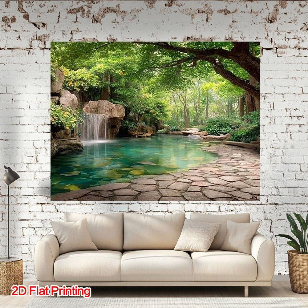 2D Plane 1 Real-shot Serene Forest Waterfall Photography Background - with Polyester Fabric Falling Down Like the Waterfall