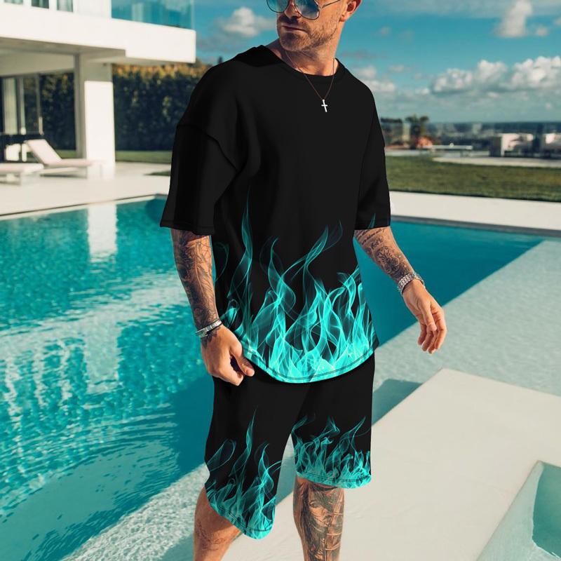 Männer Sets Kausalen Rundhals Flamme Drucken T-shirt Shorts Sport Lauf Anzug männer Shirts Trainingsanzüge Kurzarm Sportswear Mann
