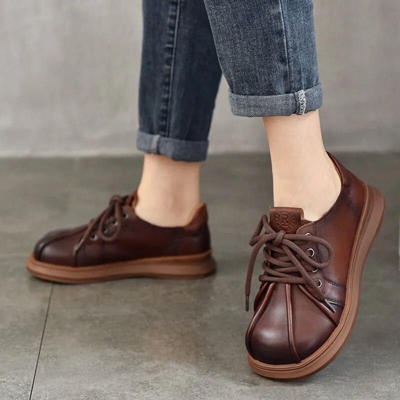 Johnature Flache Retro-Schuhe aus echtem Leder mit runder Spitze, einfarbig, vielseitige Schnür-Damenschuhe
