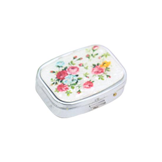 Metal Pill Box with Mirror Reusable Compact Portable Classified Store Pills Flower Print Oblong Shape Large Capacity Pill Organizer for Travel