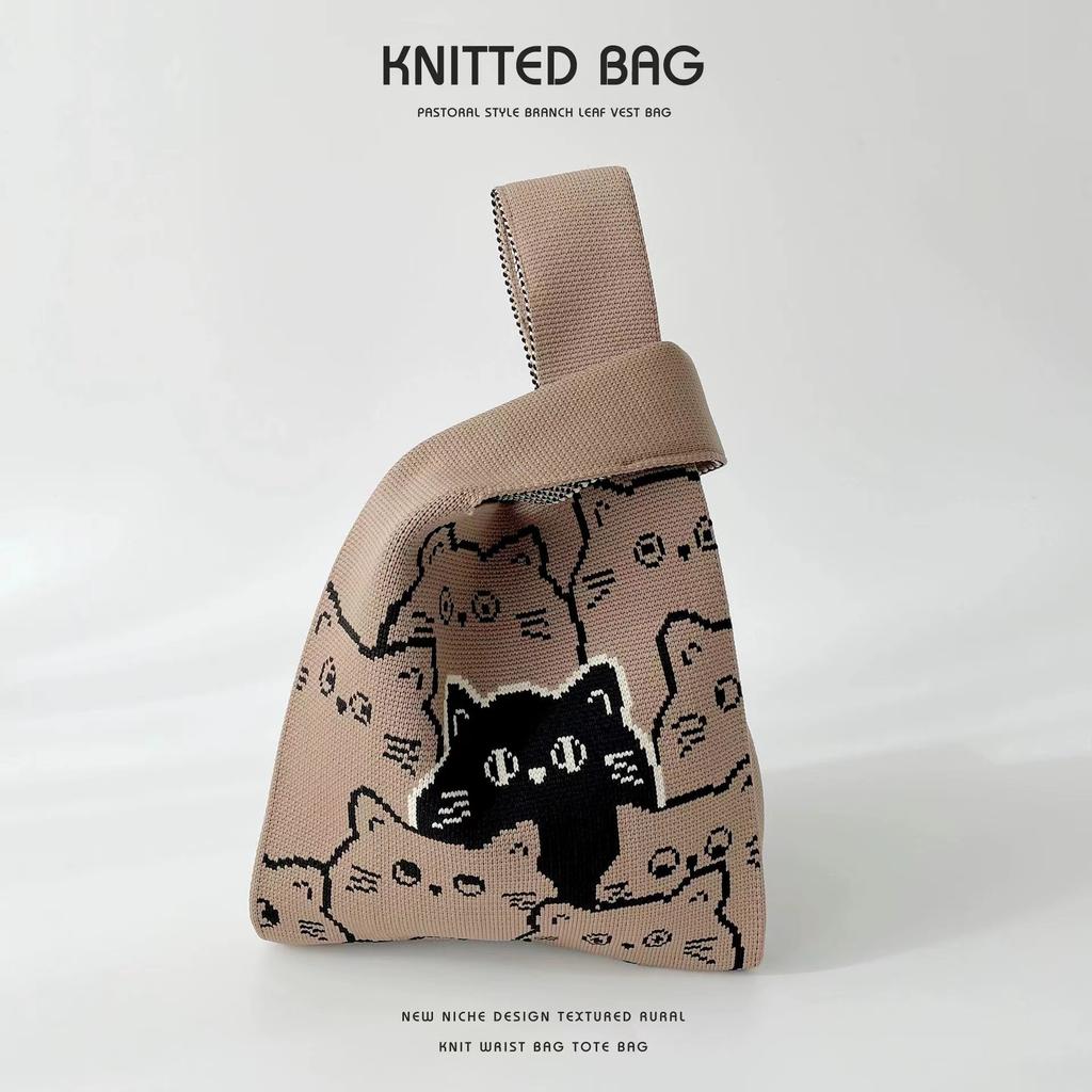 Women's Knot Wrist Bag Handmade Knitted Bag Portable Mini Striped Tote Bucket Phone Bags Large Capacity Autumn Winter Handbags