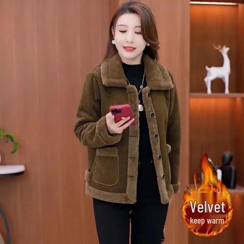 

Women s Stylish Corduroy Jacket – Thick Velvet, Warm, Small Stature, Versatile Lapel Design 2XL кофейный
