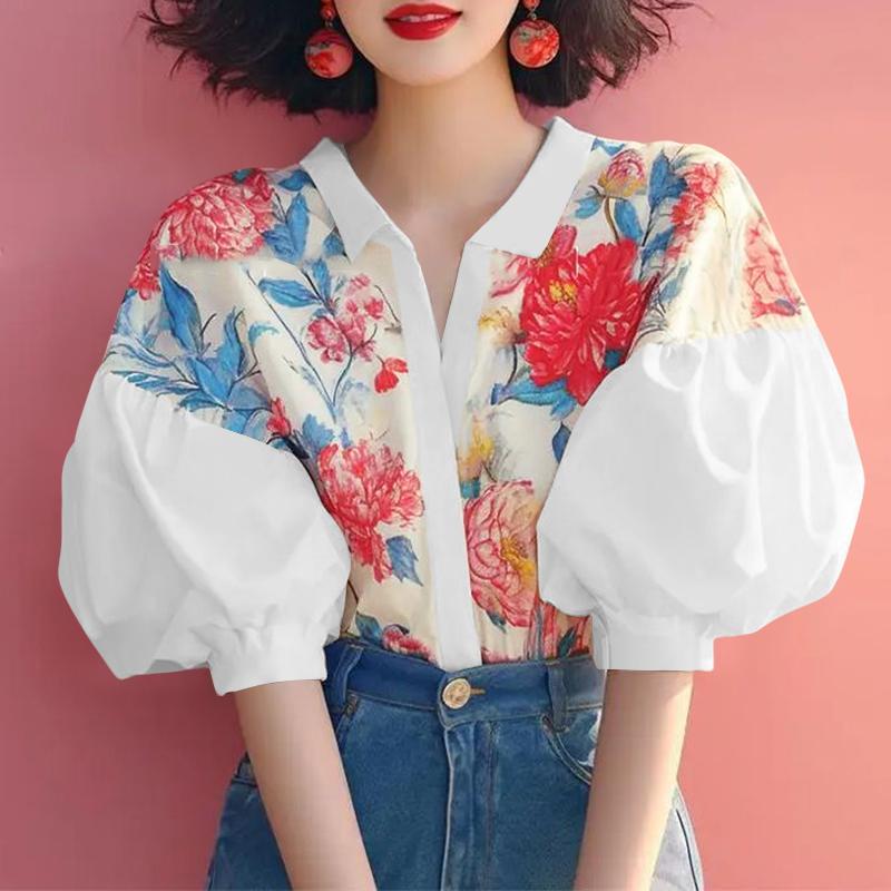 

ZANZEA Women Casual Turn Down Collar Short Sleeve Floral Print Summer Shirts S бежевий