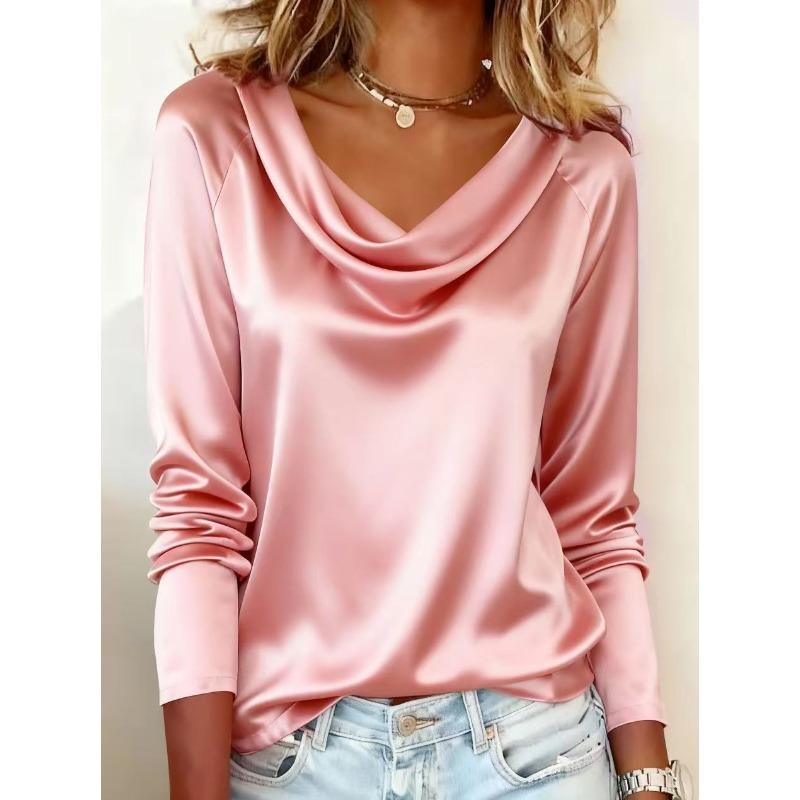 

women s Solid Color Satin Cowl Neck Raglan Long Sleeve Blouse Elegant Commuter Shirt Top 2XL