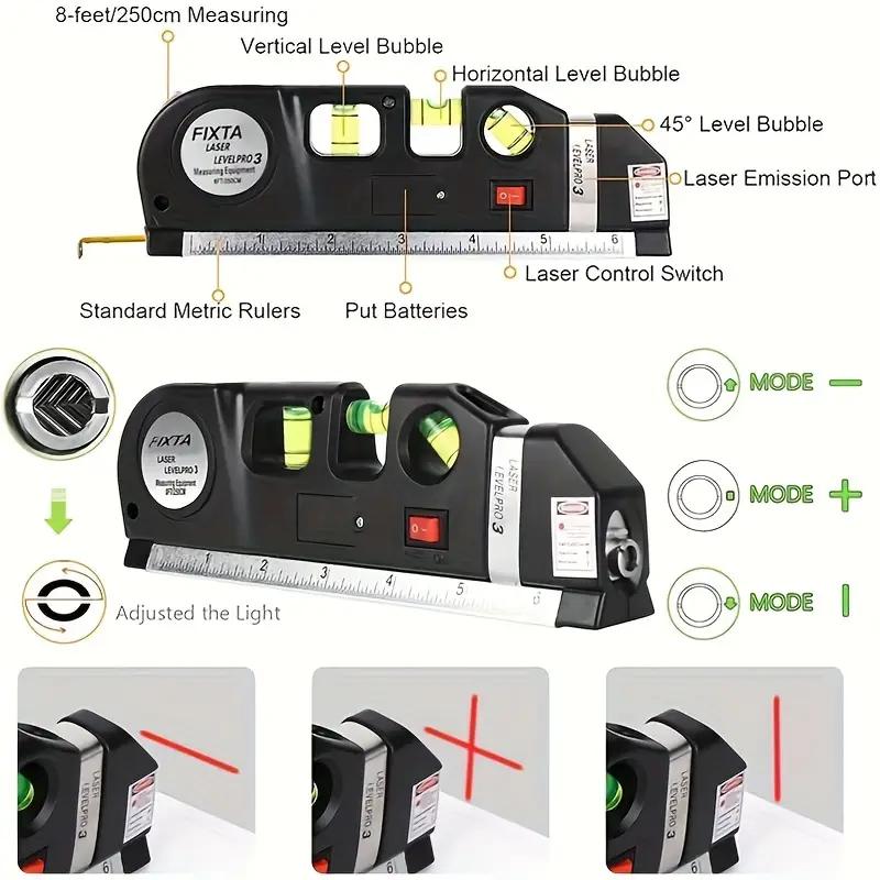 Laser Level Tool Multi-Purpose Laser Level Standard Cross Line Laser Level Beam Tool With Metric Ruler 8ft/2.5m For Picture Hanging Cabinet Tile Wall