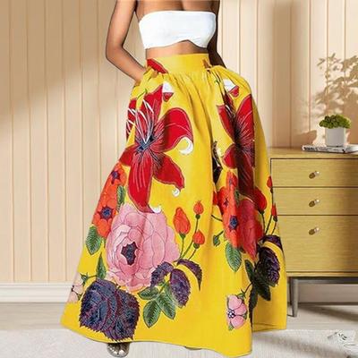 Women Maxi Skirt Elastic High Waist Large Hem Long Skirt with Pockets Flower