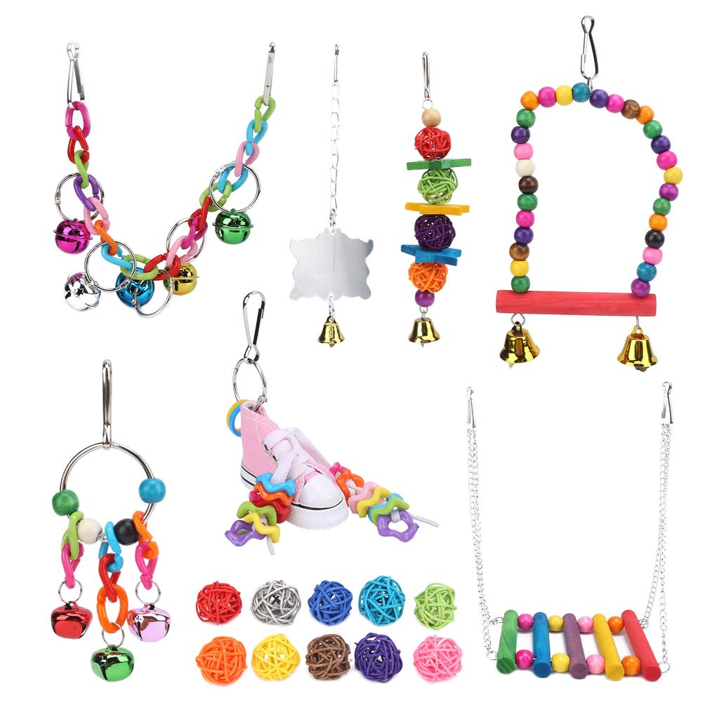 17 Packs Bird Toys Sepak Takraw Hanging Chain Swing Bell String Set for Small and Medium Parrots