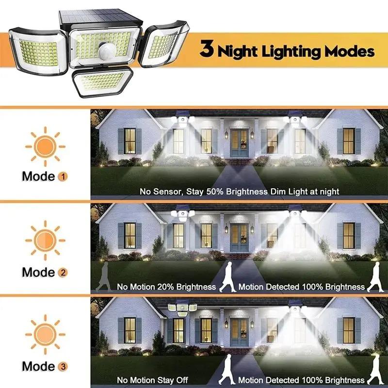 278LED Solar Lights 4 Head Adjustable with 3 Lighting Modes IP65 Waterproof Solar Lights Outdoor Garden Security Lights
